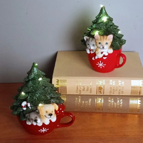 Jul Træ Jul Dekorativ Kreativ Te kop Kitty Dekoration Harpiks Håndværk Jule Gave