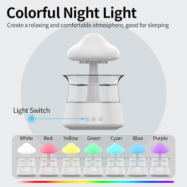 Regn sky natt lys luftfukter med regnende vann dråpe lyd og 7 farger led lys essensiell olje diffuser aromaterapi