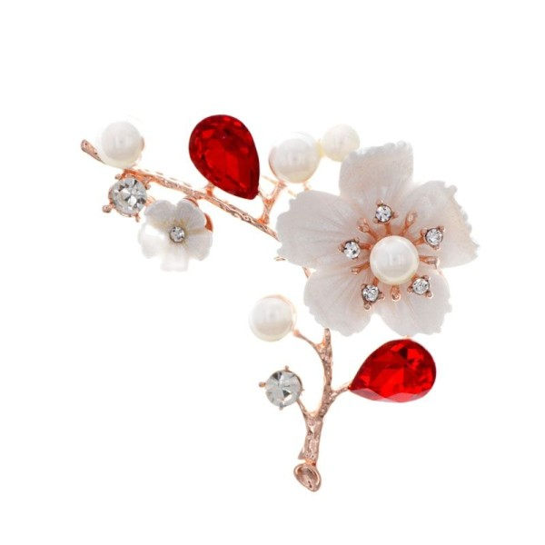 Pärla blomma broscher för kvinnor elegant mode nål röd kristall brosch