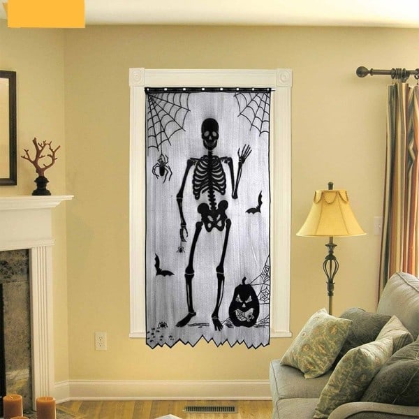 Halloween gardin fönster populär spets skalle svart spindelnät terrorist gardin stång stil polyester dörr dekor
