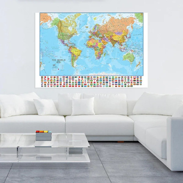 120x80cm bedste kvalitet Verden Kort med Landsflag Non-woven Maleri Væg Kunst Plakat Trykt Billede Hjem Dekor Kontor Skole Ressourcer