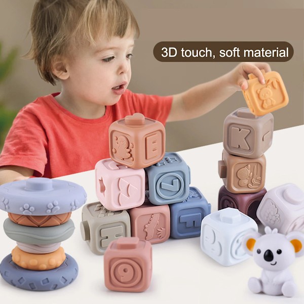 Baby Silicon Byggklossar Montessori leksaker för bebisar Squeeze Stacker & Bandsjukdomar leksaker