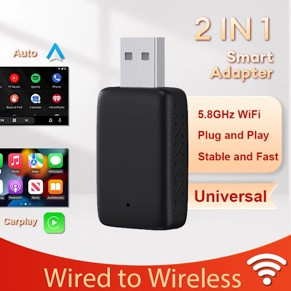 Kablet til Wireless CarPlay 2 in1 Mini Adapter Android Auto Smart Box Plug and Play