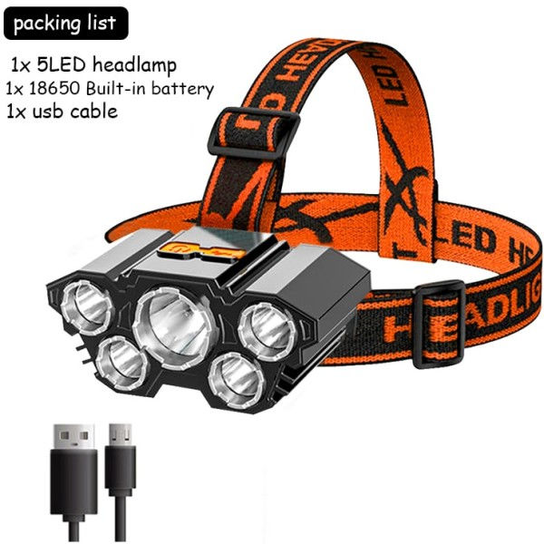 Usb Oppladbart Innebygget Batteri 5 Led Strong Hovedlykt Super Lysst Hodemontert Lommelykt