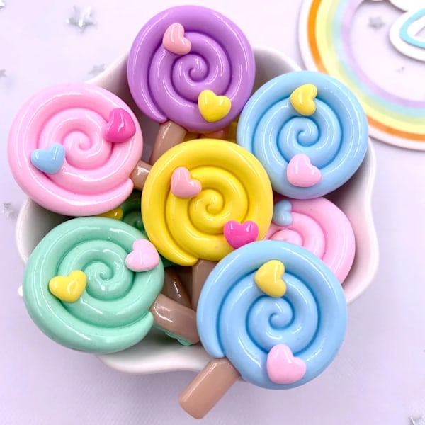 Målad Färgglad Harts Stor Kärlek Lollipop Flatback Cabochon Sten Figuriner 10 bitar