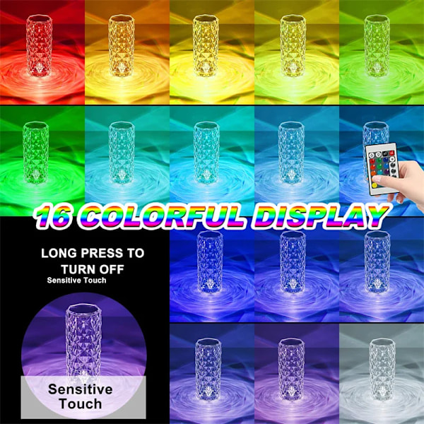 LED Krystal Bord Lampe Rose Lys Projektor 3/16 Farver Touch Nat Lys Romantisk Diamant Atmosfære Lys USB Home Bar Dekor