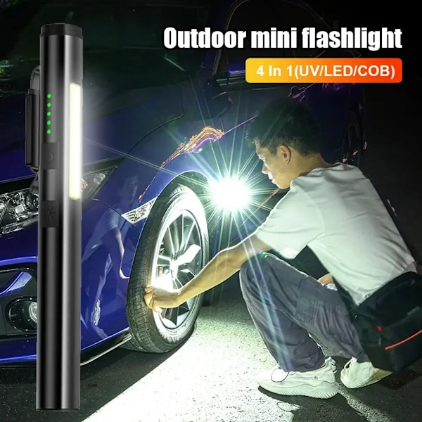 Multifunktionell 4 i 1 LED Ficklampa Mini USB Uppladdningsbar 800mah Penna Klämma Ficklampa