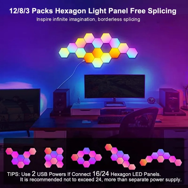 8 stykker RGB LED Heksagon Lys Bluetooth Innendørs Vegg Lys APP Fjernkontroll Kontroll Natt Lys