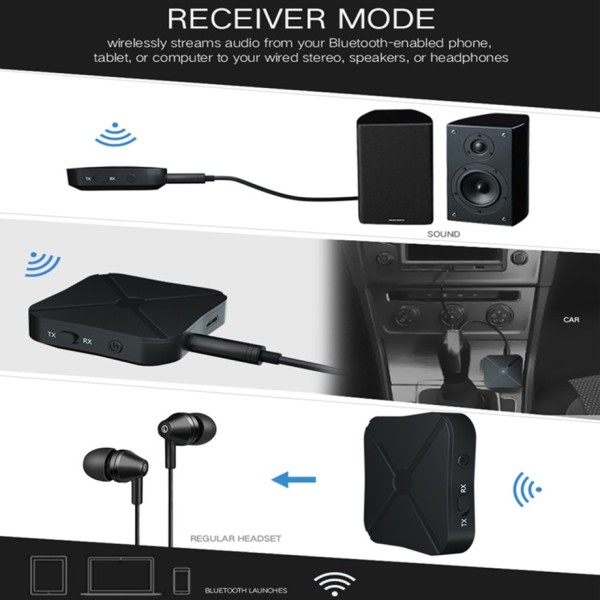 Bluetooth 5.0 4.2 mottaker og sender lyd musikk stereo trådløs adapter RCA 3,5MM AUX jack