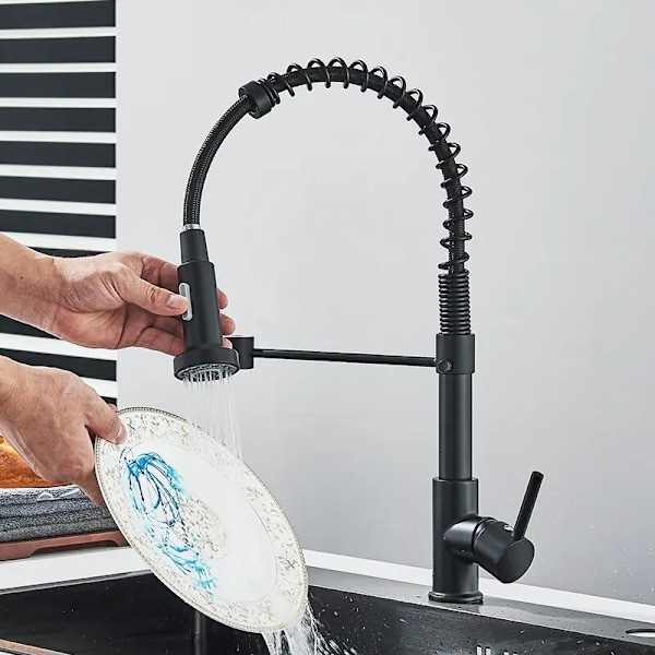 Mat sort Pull Down Køkken Armatur Krom Dobbelt Modes Dyse Varmt Koldt Vand Blander Kran Tap Messing Fjeder Køkken vask vandhaner