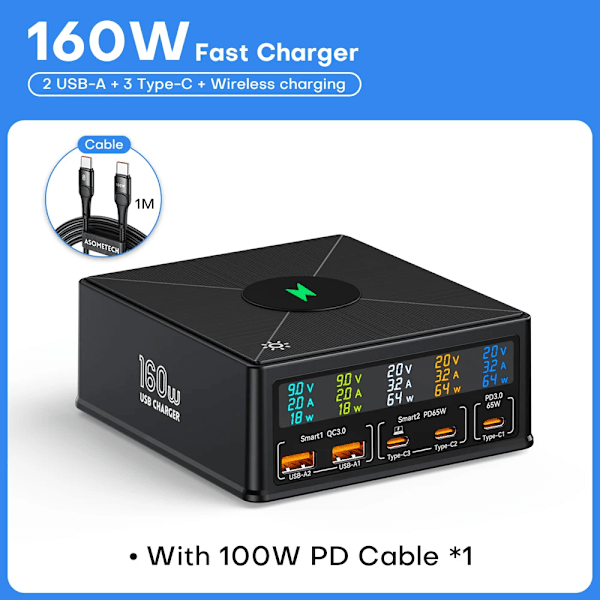160W 5 porter USB lader Staion 15W Trådløs lading