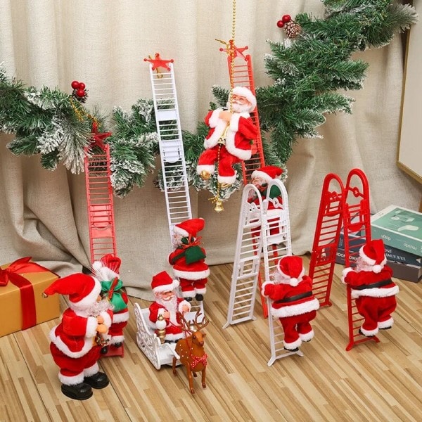 Jul prydnader present elektrisk klättring stege tomten docka leksaker med musik god jul träd hängande dekor