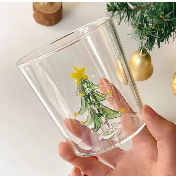 Søt kreativ hånd blåst glass kopp med vakker 3D juletre rose holdbart glass krus