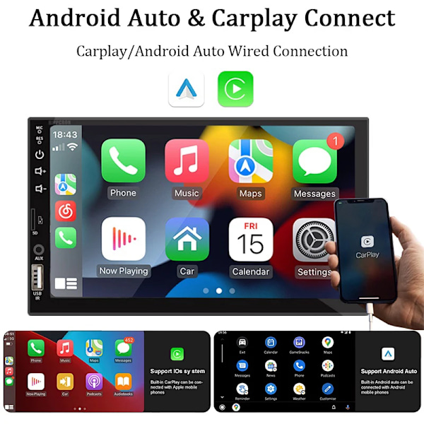 7 tommer Bil Radio 1 Din Carplay Android Auto Multimedia Player