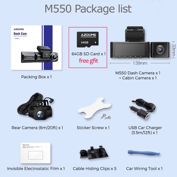 M550 3 Channel Dash Cam Främ Inside Bak Tre Way Bil Dash Kamera