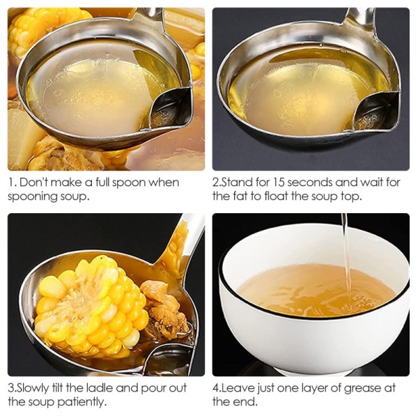 Rustfrit stål dørslag ske suppe kolander køkken suppe sovs olie suppe fedt separator øser skimmer ske