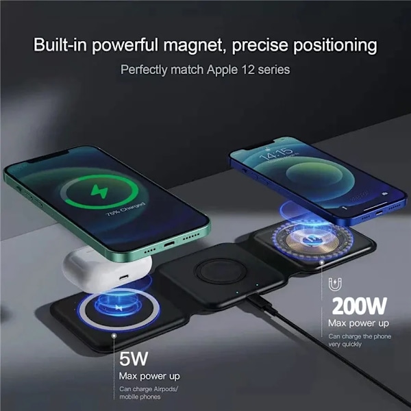 100W 3 1 Magnetisk Bärbar Trådlös Laddare Pad för iPhone 15 14 13 12 Pro Max Apple Watch AirPods Snabb laddning Dock Station