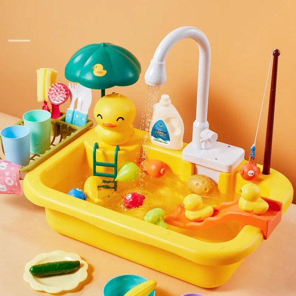 Børn køkken vask legetøj elektrisk opvaskemaskine lege legetøj med rindende  vand foregive leg mad fiskeri legetøj 1f41 | Fyndiq