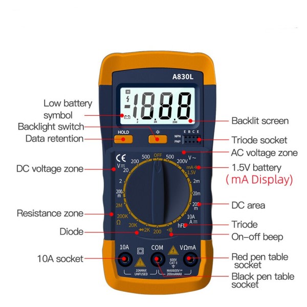 Digital Multimeter AC DC Spenning Diode Freguency Multimeter Current Tester