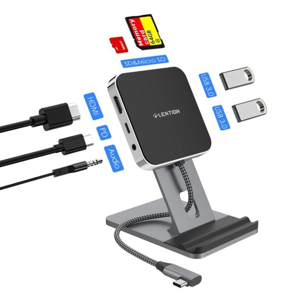 USB C Hub Docking Station Stand Adapter med4K HDMI 100W PD SD/TF Card Reader USB3.0 3.5mm Hovedtelefon stik