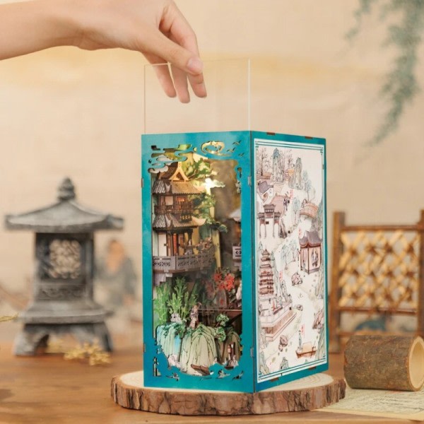 Træ bog krog hylde indsats miniature byggesæt  bogreol montage 3D dukke hus