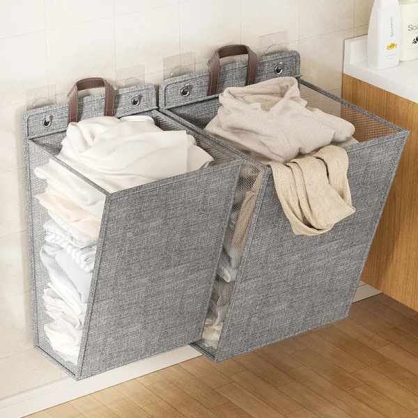 Taitettava riippuva likainen pyykki kori järjestäjä seinälle kiinnitettävä vaatteet säilytyslokero kannen suuri tilavuus kylpyhuone säilytys laatikko