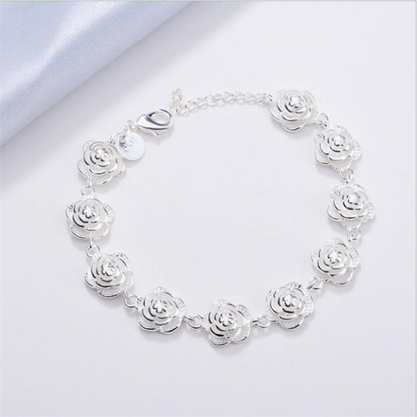 Charm 925 Sterling Sølv Rose Blomster Kæde Armbånd Til Kvinder Mode Pretty Fest bryllup tilbehør