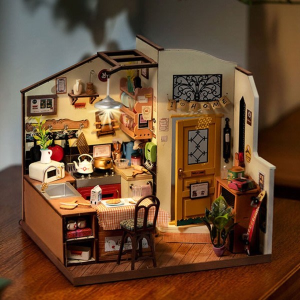 Gör-det-själv Mini Dollhouse Modell Kits Hemmigt Kök Miniatyr Fantasy Dock Hus Trä Kit Leksak