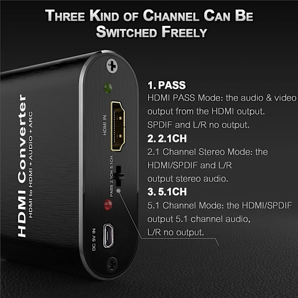 HDMI lyd extraktor 4K 60Hz HDMI 2.0 Audio Extractor ARC Splitter 5.1 Ch HDMI to toslink audio konverter