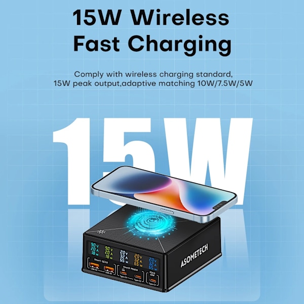 160W 5 porter USB lader Staion 15W Trådløs lading