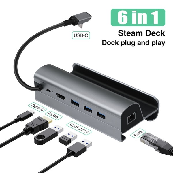 Dockningsstation Kompatibel med Steam Däck 6-i-1 Steam Däck Dock med HDMI 4K@60Hz Gigabit Ethernet 3 USB-A 3.0 Laddning USB-C