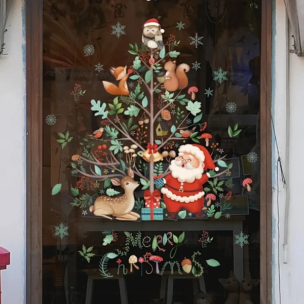 Tecknad God Jul Fönster Klistermärken Jultomte Jul Träd Enhörning Glas Dekal Jul dekorationer
