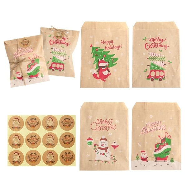 24Set Jul Kraft Papper påsar Jultomte Snögubbe Räv Semester Xmas Fest Fynd påse godis kaka påse