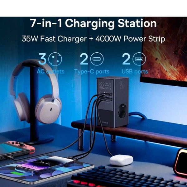 35W Hurtig Opladning Digital Power Strip 7-i-1 Ladestation 4000W Nominel Strøm Digital Skærm