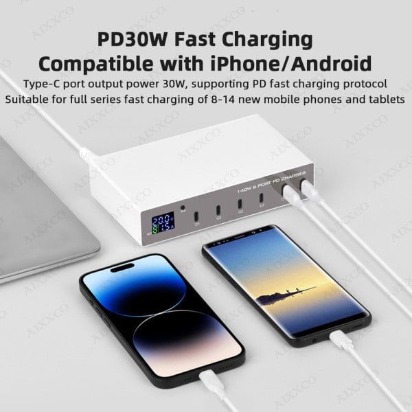 140W 6 1 PD laturi pikalataus 3.0 USB C pikalataus asema lataus iPhone kannettavalle tyyppi c 30W