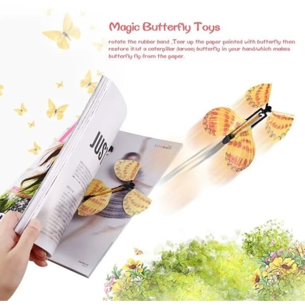 Magic Wind Up Flying Sommerfugl i Book Gummi Band Powered Magic Fairy Flying Legetøj