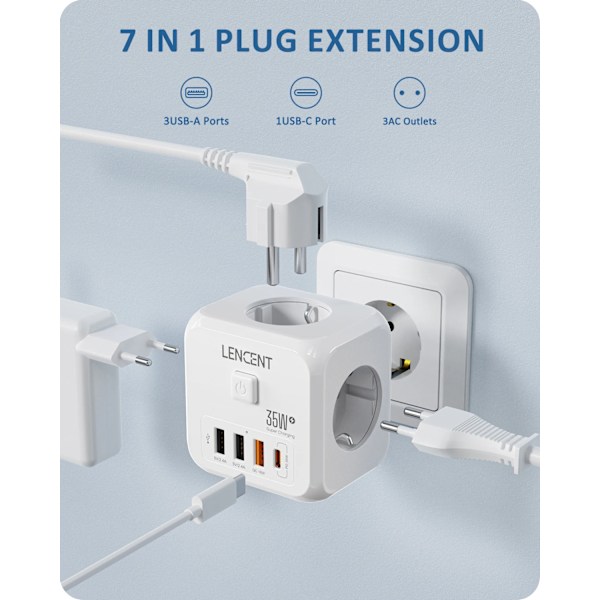 Seinä pistorasia laajennus 3 AC pistorasiaa 3 USB porttia ja 1 tyyppi C 7-in-1 EU pistoke laturi