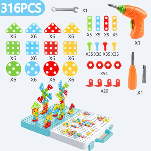 316 bitar barn borr skruv mutter pussel leksaker låtsas lek verktyg borr demontering montering barn borr 3D pussel leksaker