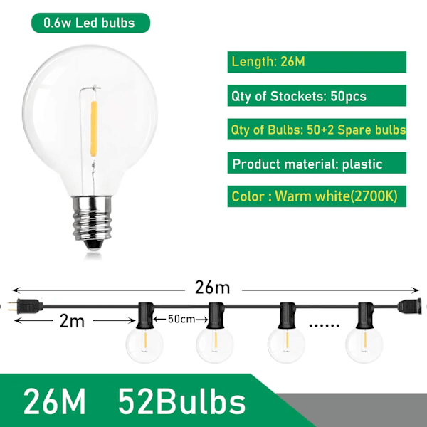 Juhla LED Globe String Light Fairy LED G40 Ulkona joulu juhliin puutarha koriste seppele lamppu