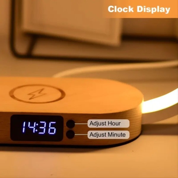 Multifunksjon Trådløs lader Pad Stativ Klokke LED Skrivebord Lampe Natt Lys USB Port Rask Lading Stasjon Dokk