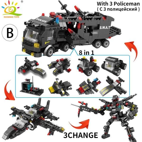 SWAT polis station lastbil modell byggnad block stad maskin helikopter bil figurer tegelstenar pedagogisk leksak