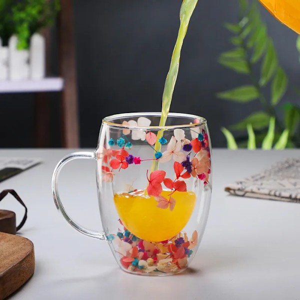 Creative Dubbel Vägg Kaffe Mugg Riktig Torkad Blomma Filler Glas Muggar Jul presenter
