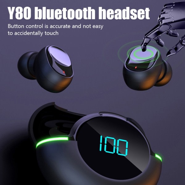 Y80 Trådløs Bluetooth Headset IPX4 Vanntette Hodetelefoner In-Ear Touch Control Earphones