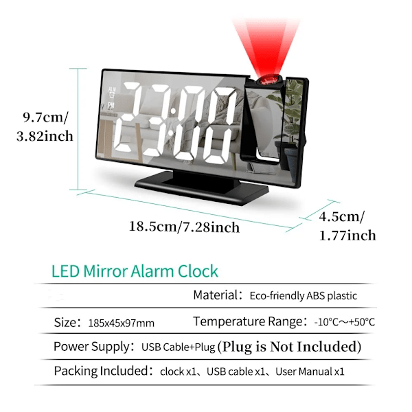 180° Arm Projektion Alarm Klocka med Tid Temperatur Digital Alarm Klocka Snooze Bord Klocka