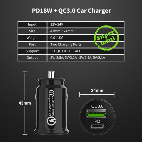 USB Bil Oplader Hurtig Opladning PD QC3.0 FCP AFC Type C 18W Hurtig Bil USB Oplader