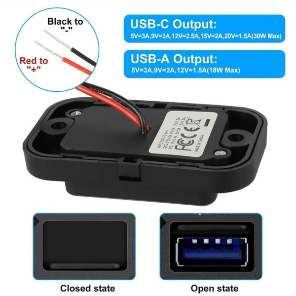36W QC3.0+PD Dual USB Port Oplader Bil RV Hurtig Oplader Socket Adapter Strøm Outlet Vandtæt