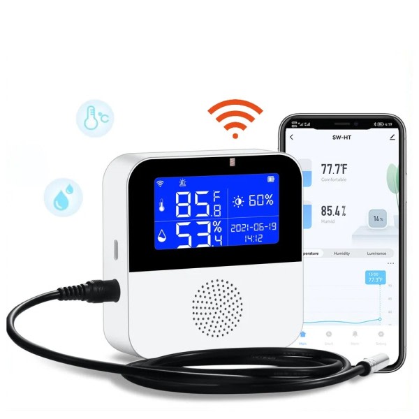 Smart WIFI Temperatur och Fuktighetssensor med Bakgrundsbelysning LCD Display Inomhus Termometer Hygrometer Mätare Stöd