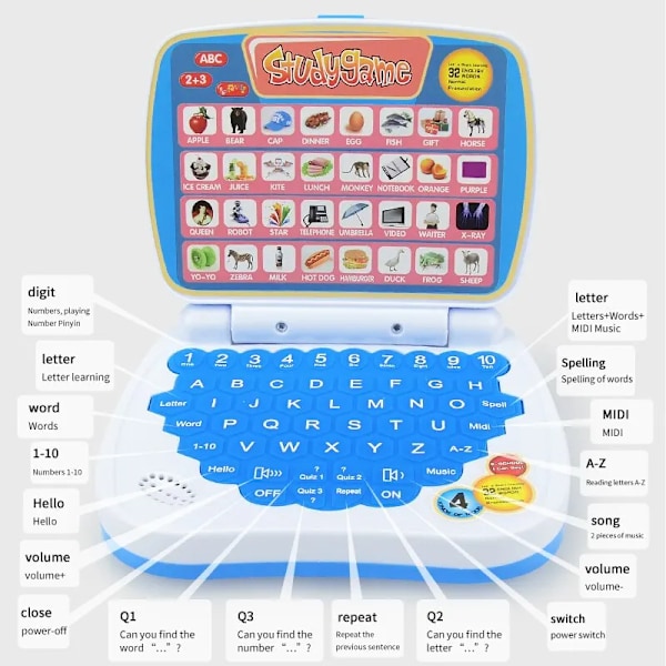 Engelska Lärande Small Bärbar dator Leksak för Barn. Pojkar och Flickor Dator för Aphabet ABC.Numbers.Words.Stavning.Matematik.Musik