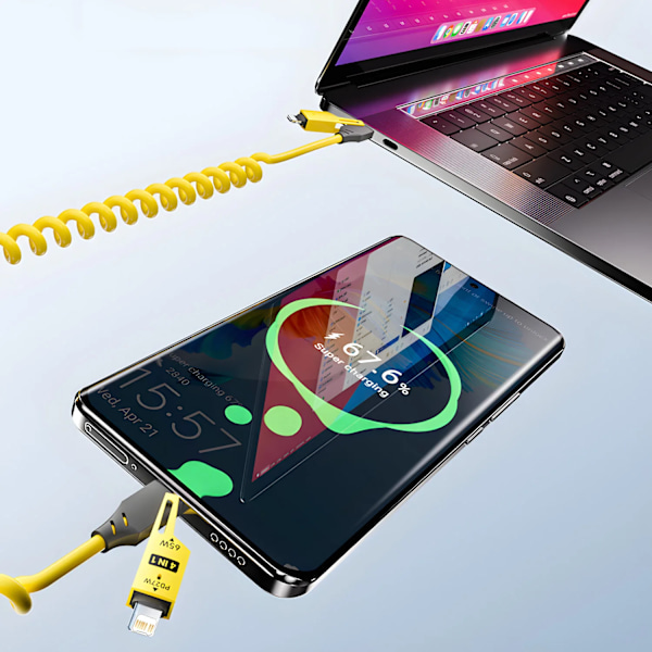 4 in 1 65W Fjäder Kort Data kabel 6A USB Typ C  Fjäder USB kabel för iphone
