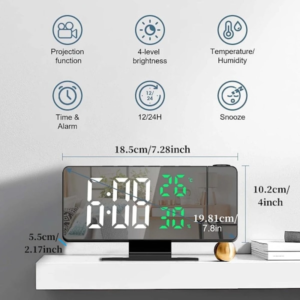 180° Arm Projektion Digital Alarm Klocka Temperatur Fuktighet Natt Läge Snooze Bord Klocka